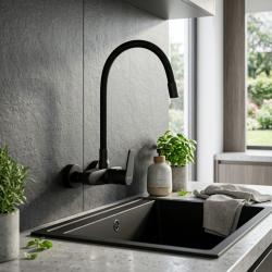 Aquanello Casa Muur Keukenkraan Zwart met Hoge Flexibele Uitloop BL-1301-CS